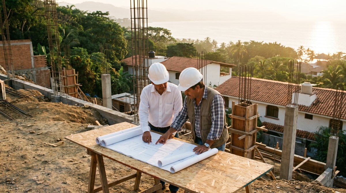 Architect and contractor reviewing plans at a hillside construction site in Puerto Vallarta before starting work