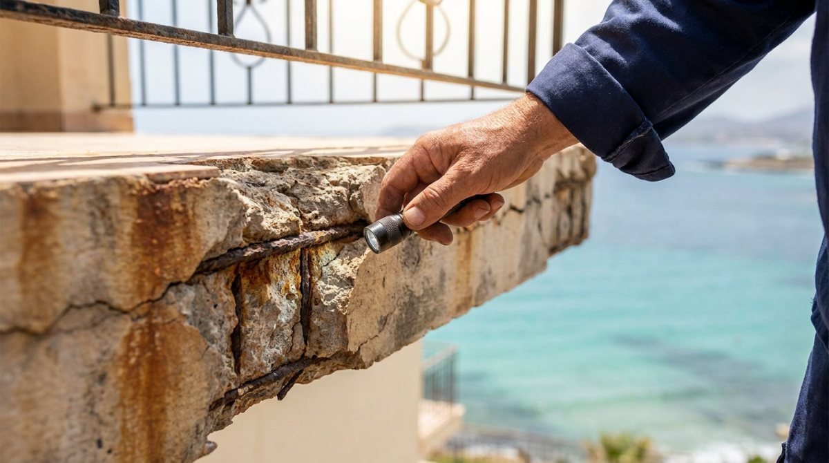 Linterna de un inspector sobre el borde agrietado de un balcón de concreto con varilla oxidada expuesta en un condominio de Puerto Vallarta