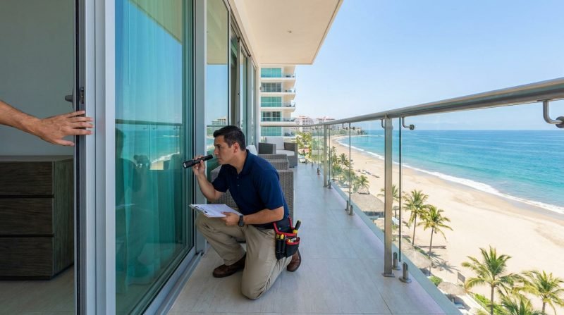 Inspección de condominios en Puerto Vallarta: inspector revisa barandal de vidrio y empaques de puerta corrediza en balcón frente al mar