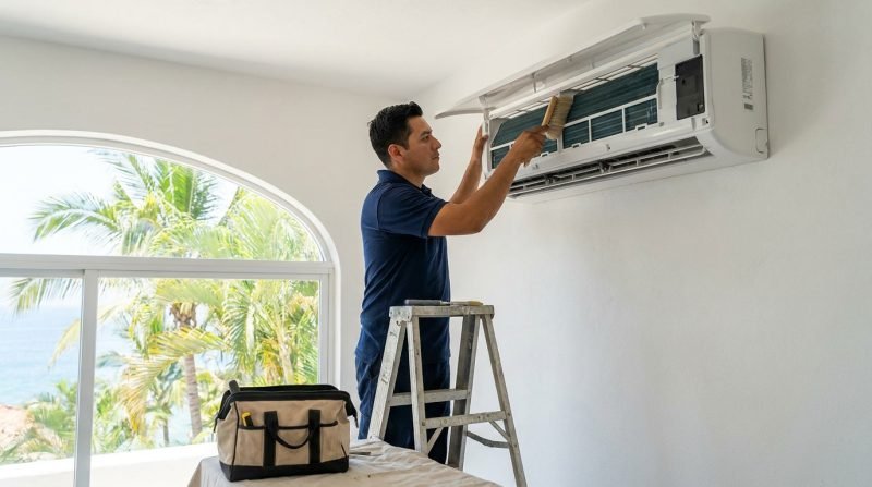 Técnico dando servicio a un minisplit de pared como parte de los planes de mantenimiento de propiedades en Puerto Vallarta