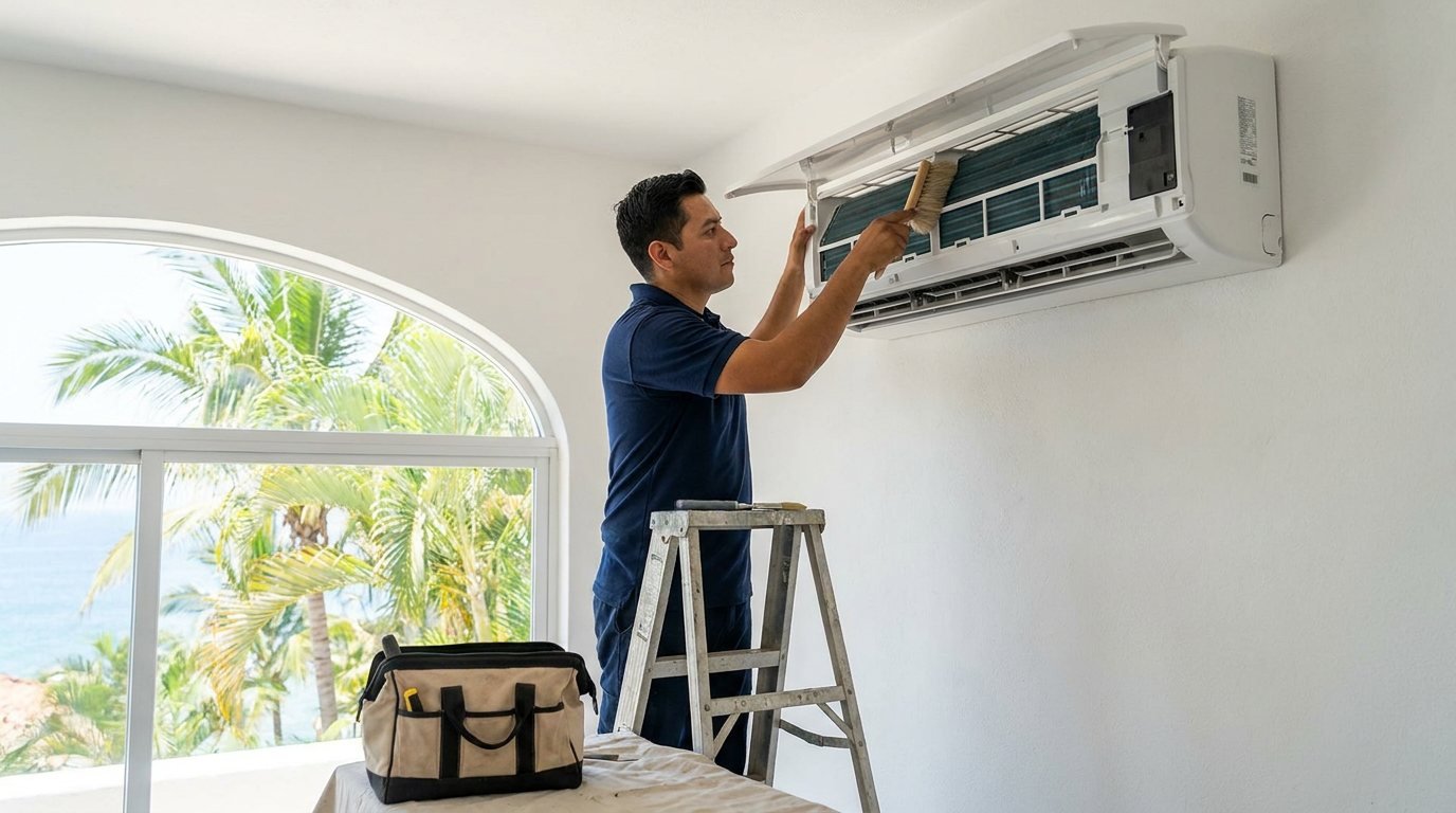 Técnico dando servicio a un minisplit de pared como parte de los planes de mantenimiento de propiedades en Puerto Vallarta
