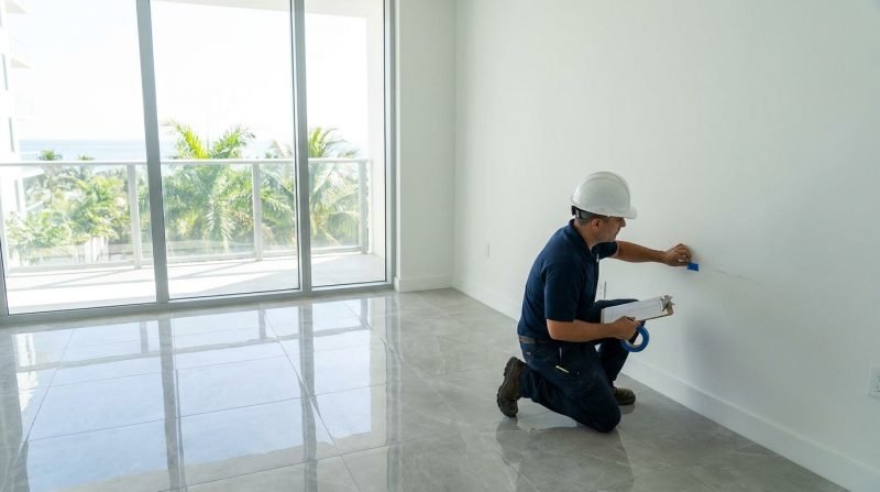 Inspector marcando con cinta los defectos de un muro durante una inspección de obra nueva en un departamento vacío en Puerto Vallarta