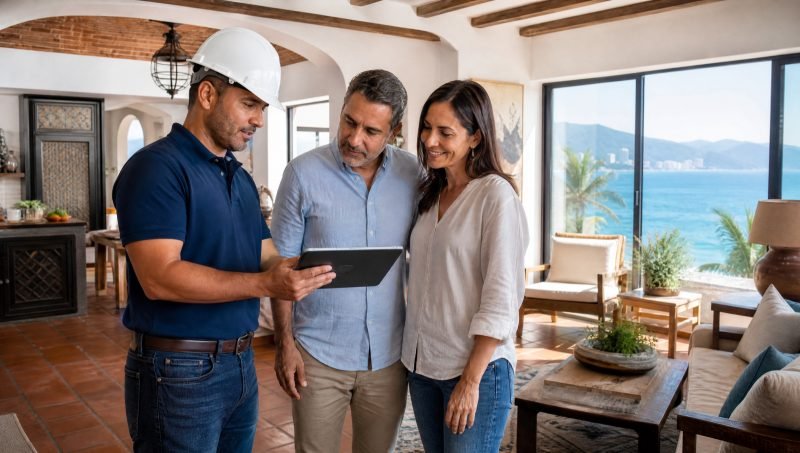 Inspección antes de comprar casa en Puerto Vallarta: inspector explica hallazgos en una tableta a una pareja de compradores en la sala