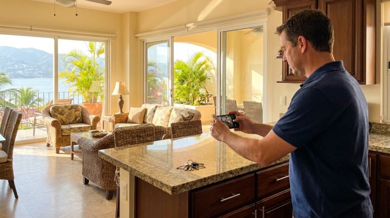 Inspector fotografiando la cocina de una renta vacacional para el reporte de entrada durante una inspección de rentas en Puerto Vallarta