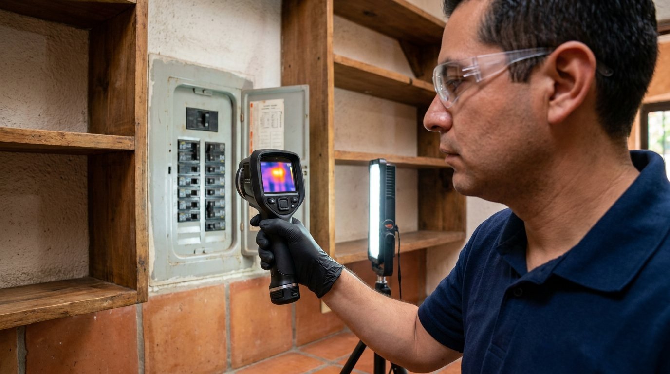 Inspector realizando una inspección con cámara termográfica en Puerto Vallarta sobre un centro de carga eléctrico que muestra un punto caliente